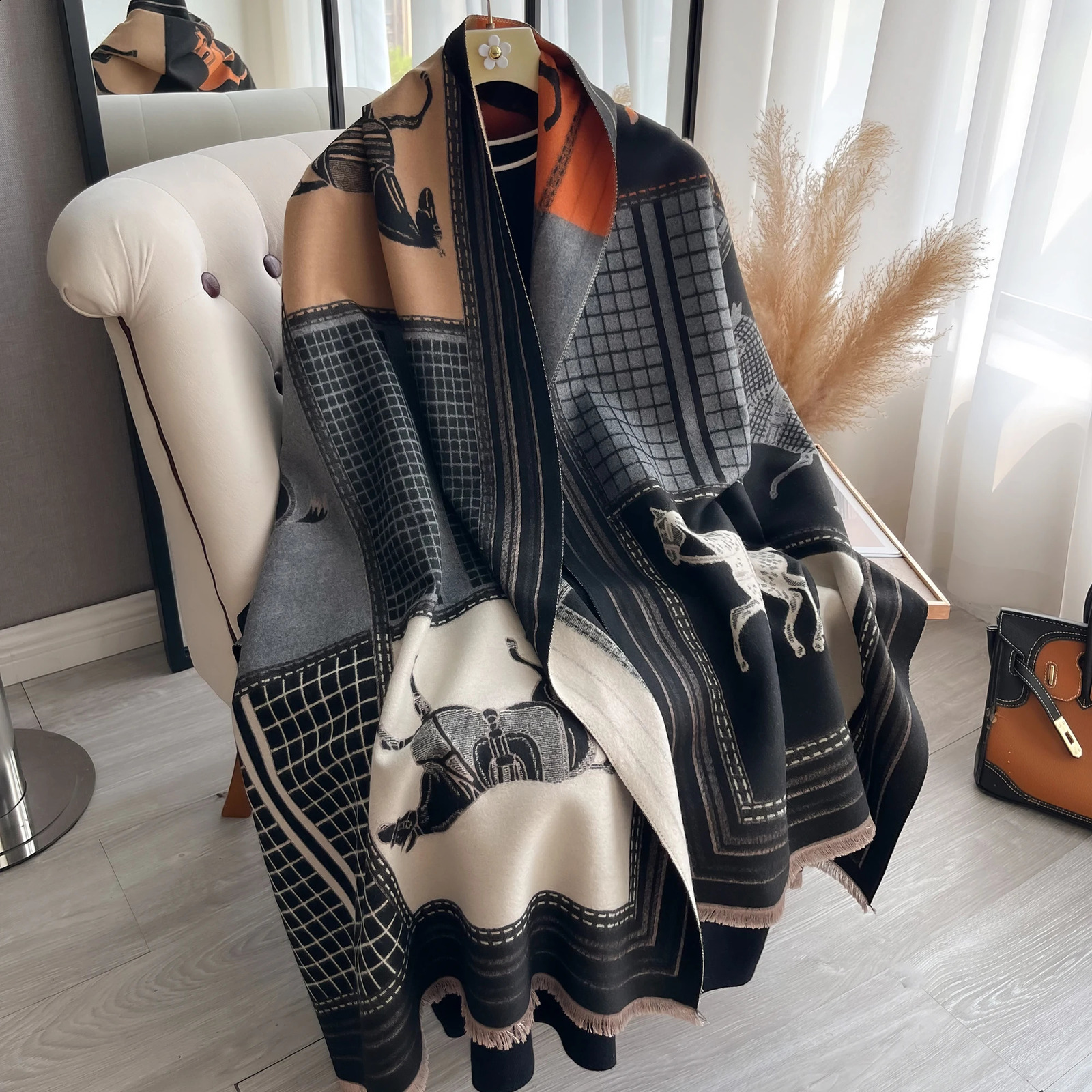 Elegant Ladies Pashmina Autumn Winter Thick Warmth Double Sided Tassel Shawl Coldproof Windproof Blanket Scarf 241122