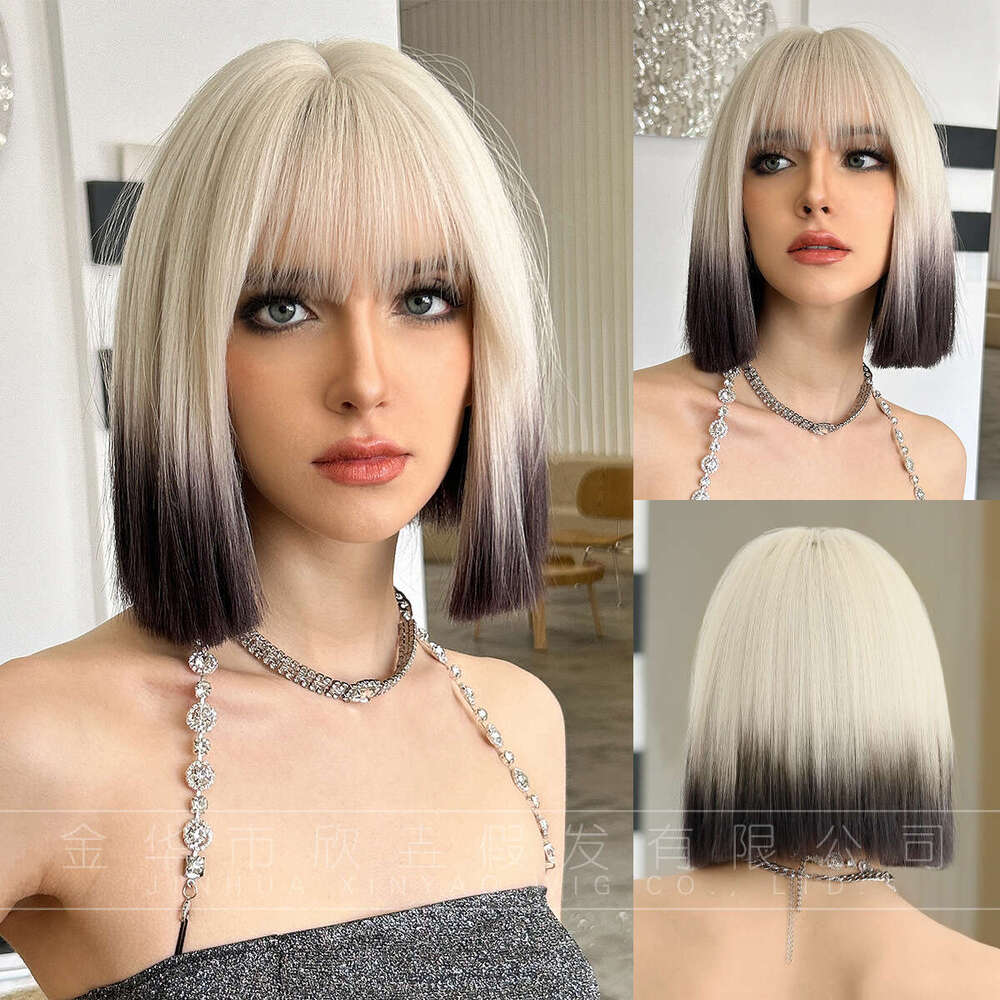 New Straight Women's Gradient Blue Air Bang Wave Short Hair Full Head Set Pink Bob Wig Kq9 Kq9