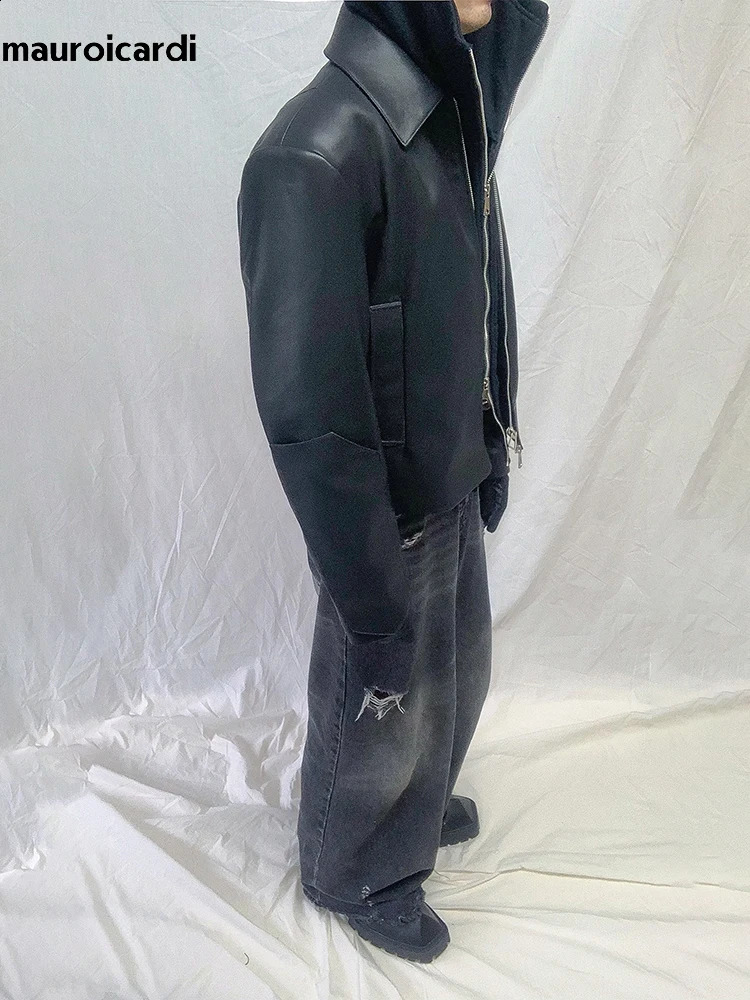 Mauroicardi Spring Autumn Black Soft Lightweight Pu Leather Jacket Men Zipper Turndown Collar Loose Casual Korean Fashion 241217