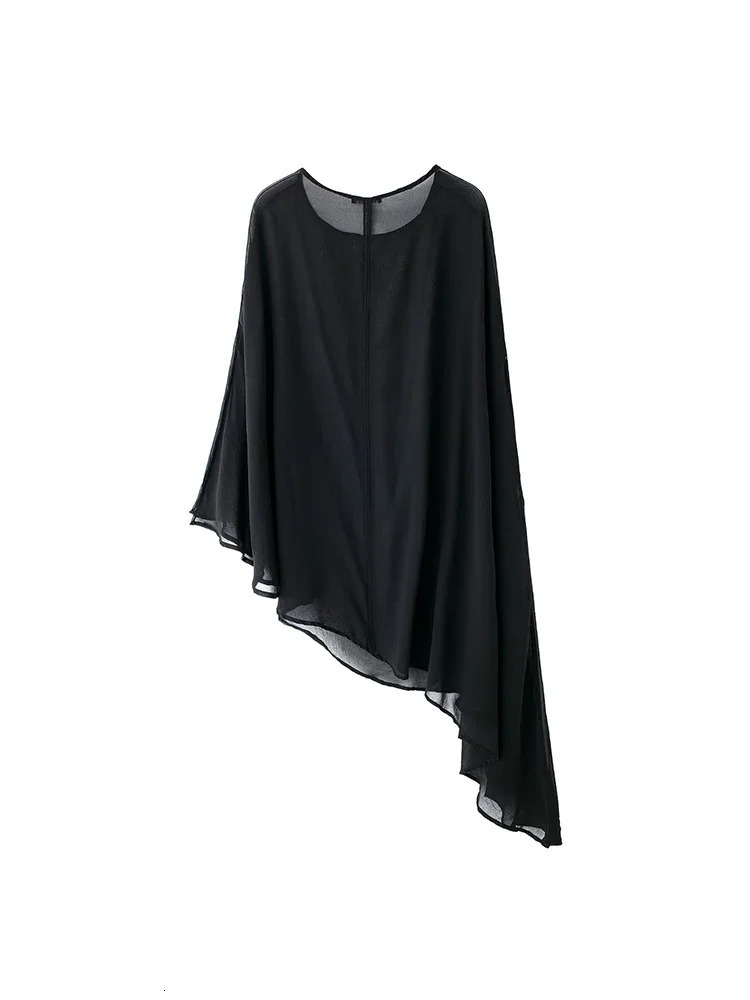 Willshela Women Fashion Black See Through Asymmetrical Cape Vintage O-Neck Female Chic Lady Tops 241216