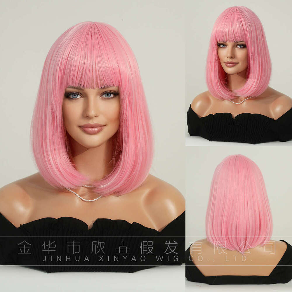 Pink 14Inch New Wig Set With Pink Bangs And Short Hair Kq9 Kq9