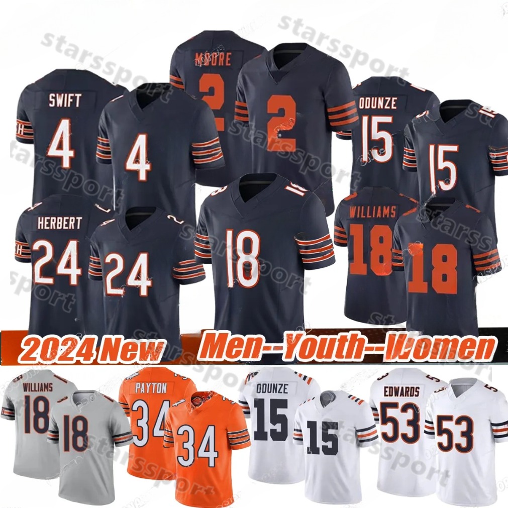 18 Caleb Williams Jersey 2 DJ Moore Cole Kmet D'Andre Swift Montez Sweat Keenan Allen Khalil Herbert Brian Urlacher Brisker Walter Payton Football jerseys Custom