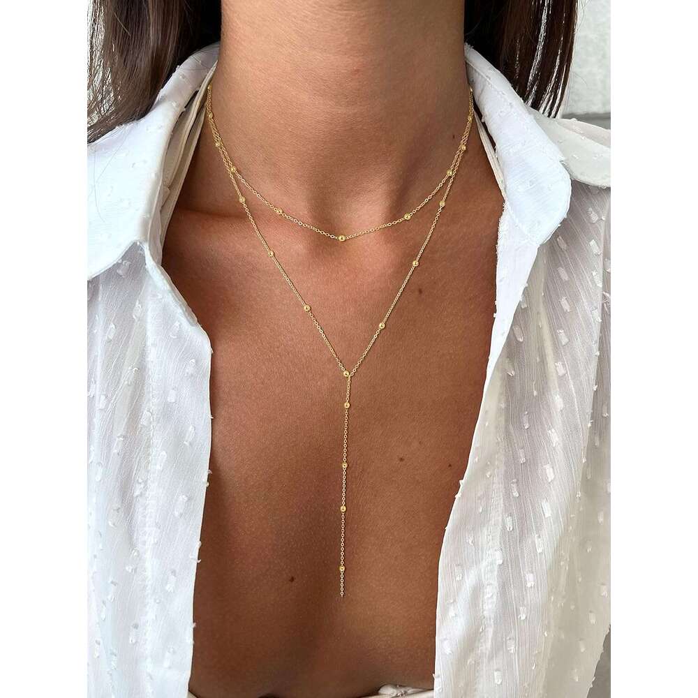 Lariat for Women, Dainty Long 14k Plated/Sier Y-Shaped Pendant Necklace Trendy Layered Cz Beaded Chain Drop Necklaces Simple Gold Jewelry For Women Gi