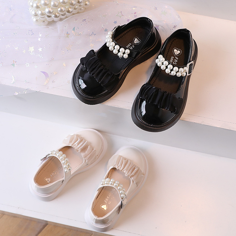 Girls Leather Kids Shoes Mary Jane Glossy Pearls and Bow Solid Color Baby Casual Princess Shoes for Children Party Wedding Flats Dress Shoes Sizes US 