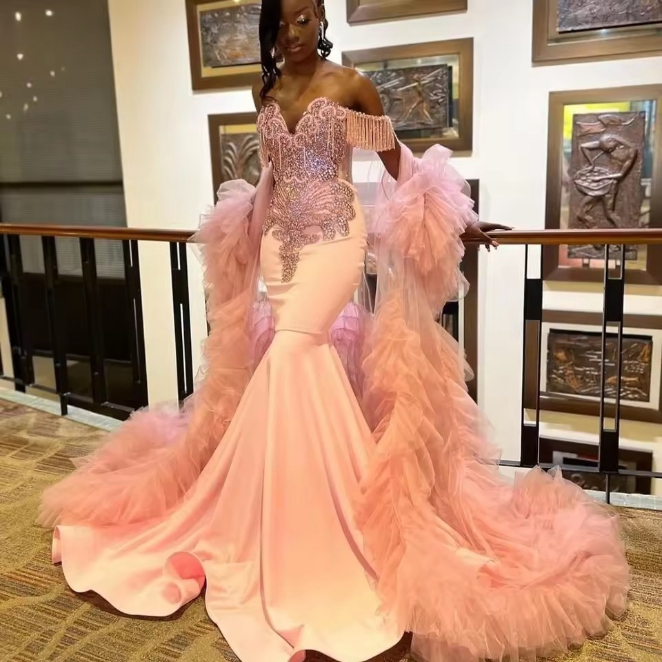 Customized Pink Long Prom For Black Girls 2025 Beaded Crystal Mermaid Birthday Party Dress Evening Gown Cape