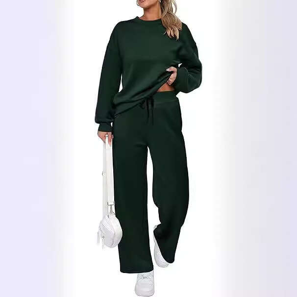 European American Knitted Women's Two-Piece Long Sleeved Top And Casual Wide Leg Pocket Pants Set