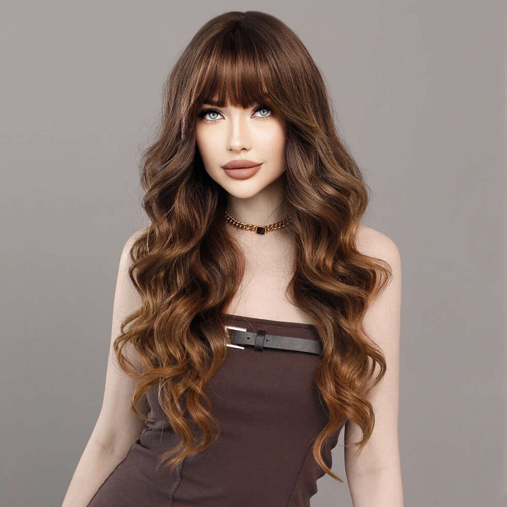 Female Wig With Full Head, Bangs, Gold Brown Gradient Long Curly Hair, Korean Style Big Wave, Highlight Wigs Kq9 Kq9