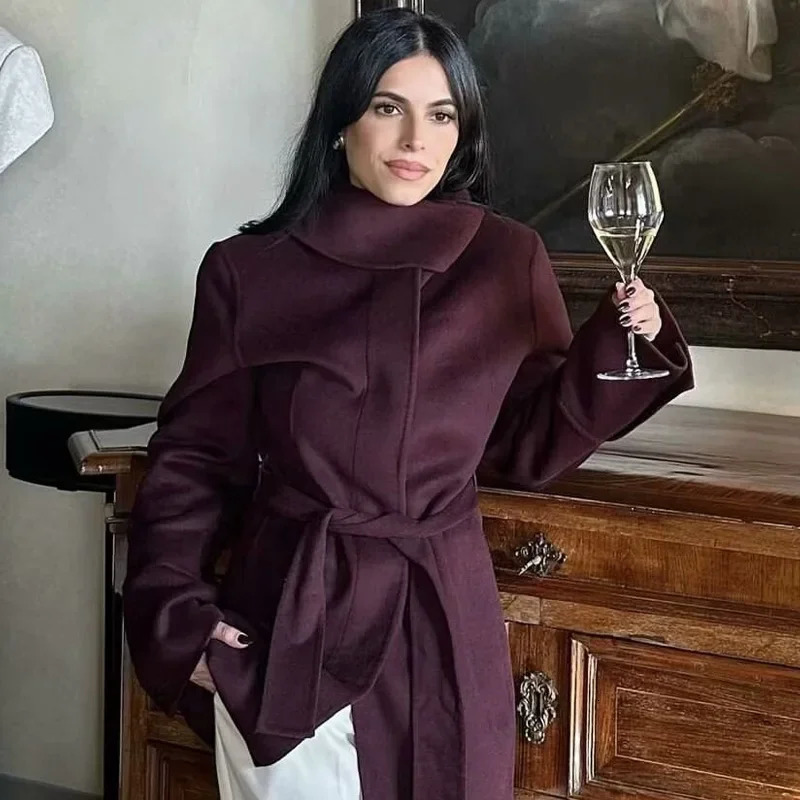 TRAF coarse tweed long coat womens Burgundy waistband sleeved wool and blend warm winter 241212Z