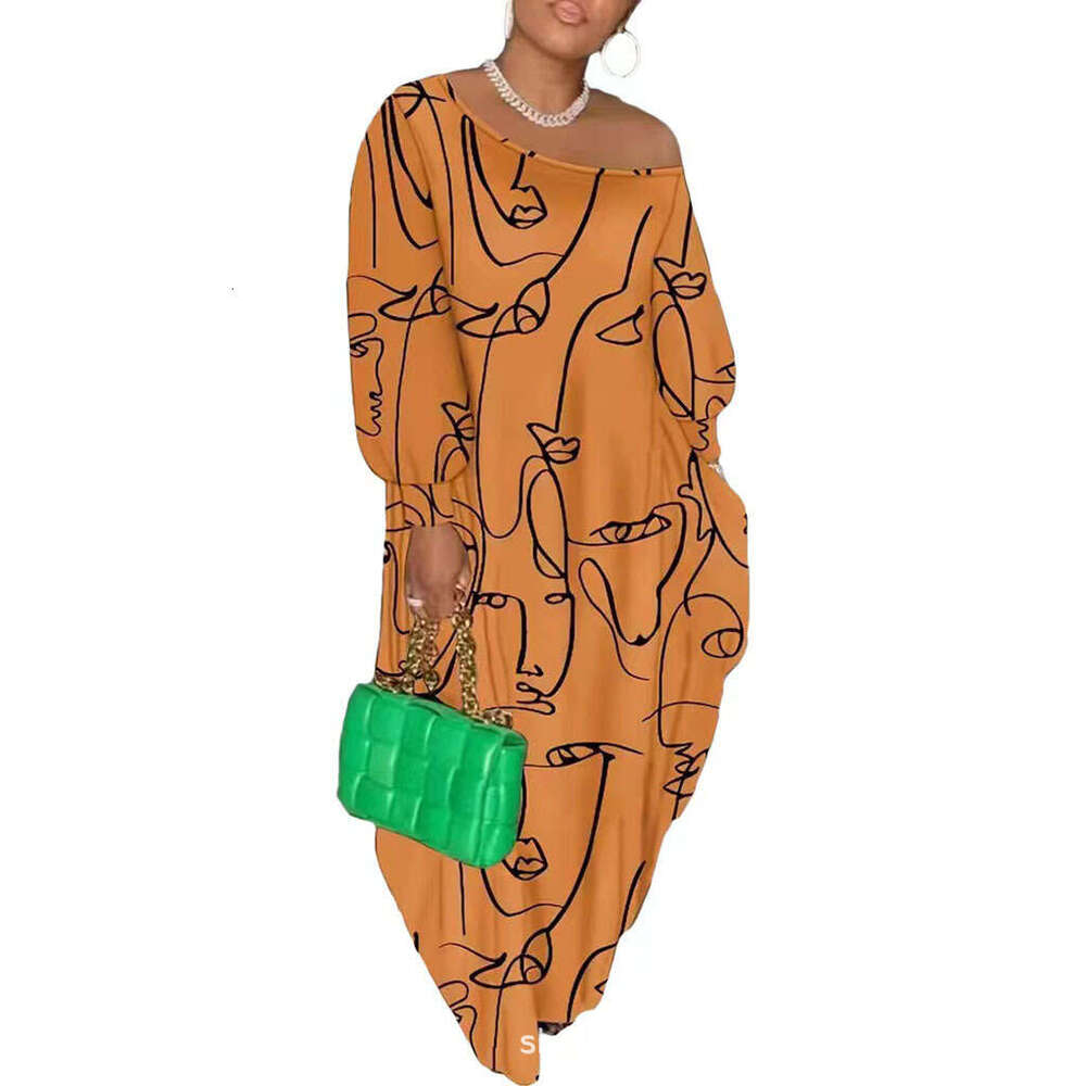 Abstract Painting Patterns For European American Beauty Autumn And Winter Clothing, 3D Digital Printing, Slng Collar Trendy Dress