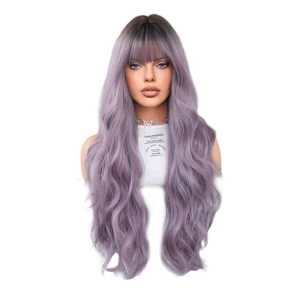 New Women's Grey Purple Long Curly Hair Top Dyed With Chemical Fiber Nism Wig Kq9 Kq9