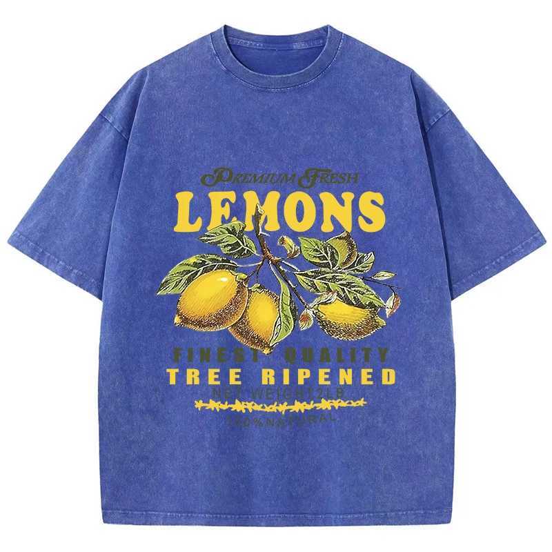 Women's T-Shirt Cotton Women Acid Wash T-Shirts Premium Fresh Lemons Printing Ts Distressed Oversize O-Neck Short Slve Casual Female Clothes Y241