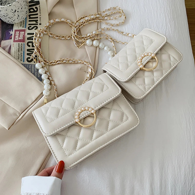 Vintage Women Small Shoulder Crossbody Purse Blue Black White Clutch Case Fashion Pearl Chain Bag