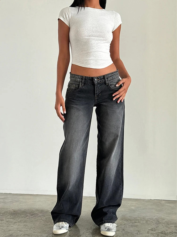 Straight-leg High Waist Jeans Women 2024 Leg Pockets Pants Y2k Long Denim Trousers Vintage Grey Washed Jeans 241217