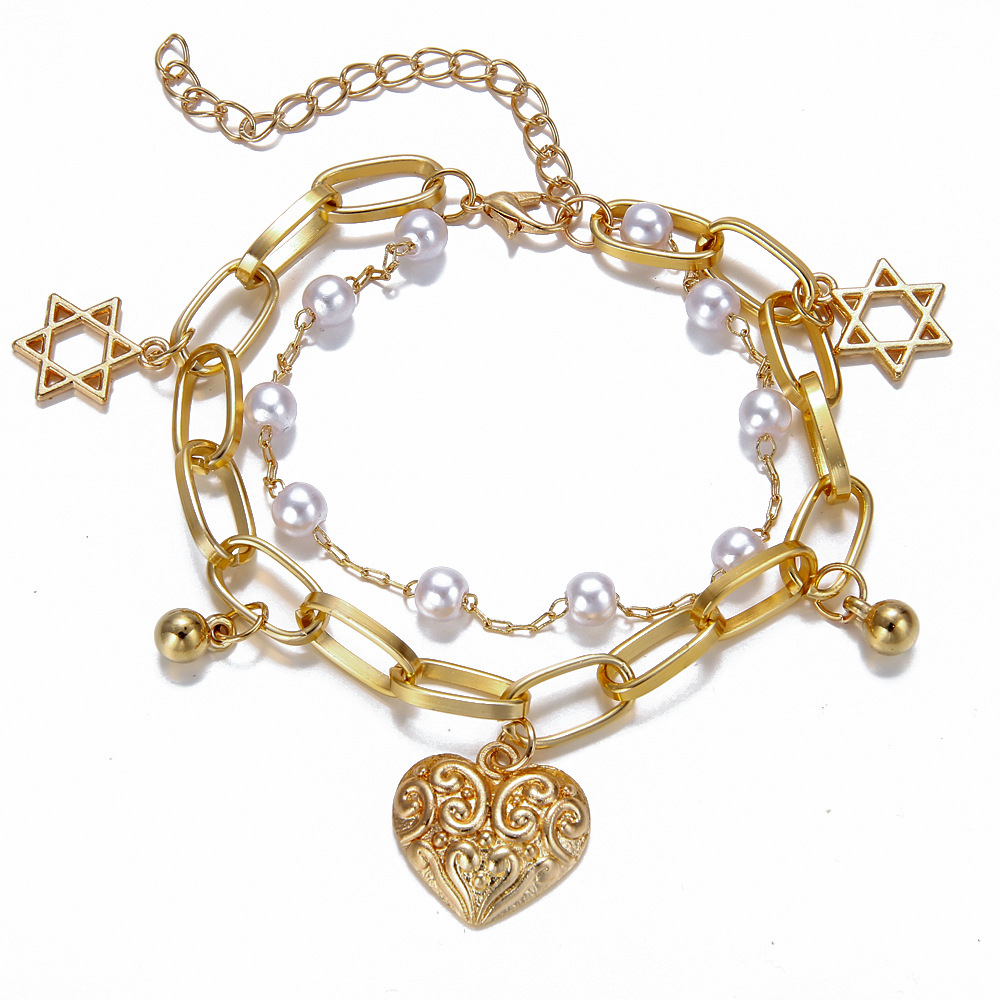 Double-Layer Charm Bracelet with Pearl Heart Pendant for Women - Trendy Fashion Jewelry Y2K 2025 Stainless Steel Gold Plated Hiphop Star Pearl Lover B