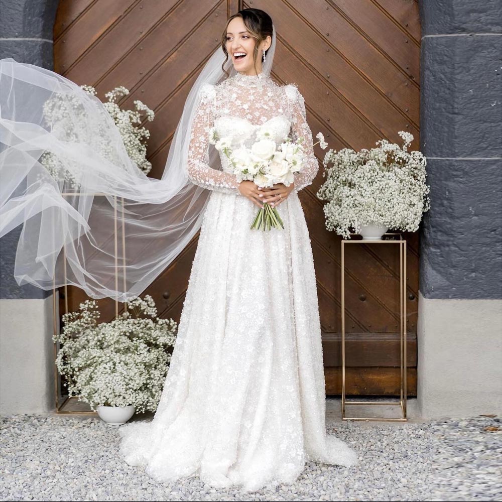 Beaded Sparkly Wedding Dresses With Long Sleeves Appliqued Bridal Gowns Sequined A E High Necke Tulle Vestido De Novia