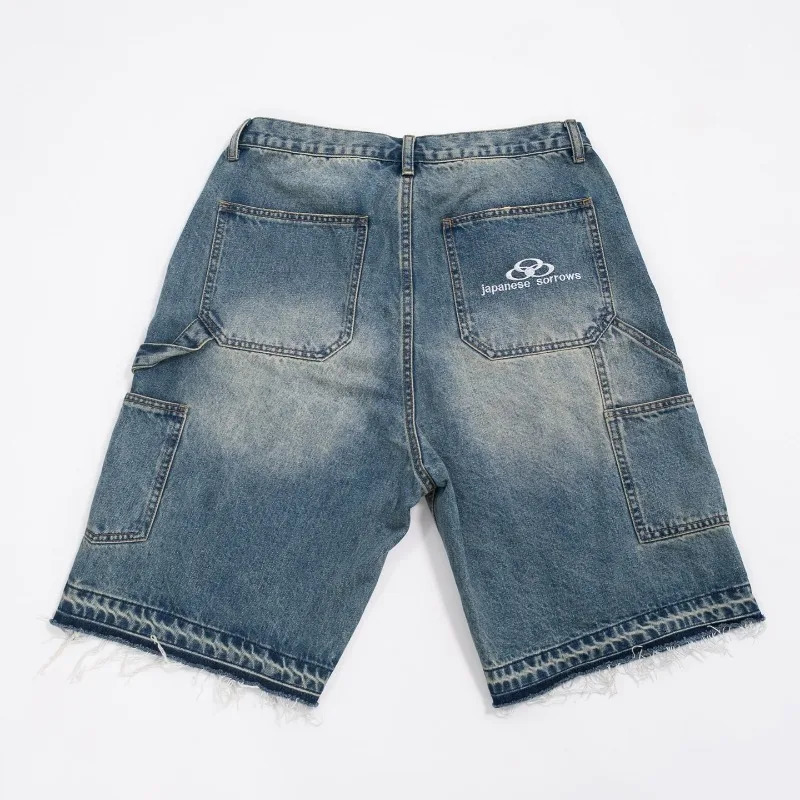Y2k American high waisted jeans trend fashionable border denim shorts mens Harajuku hiphop street style pocket wide leg pants 241211