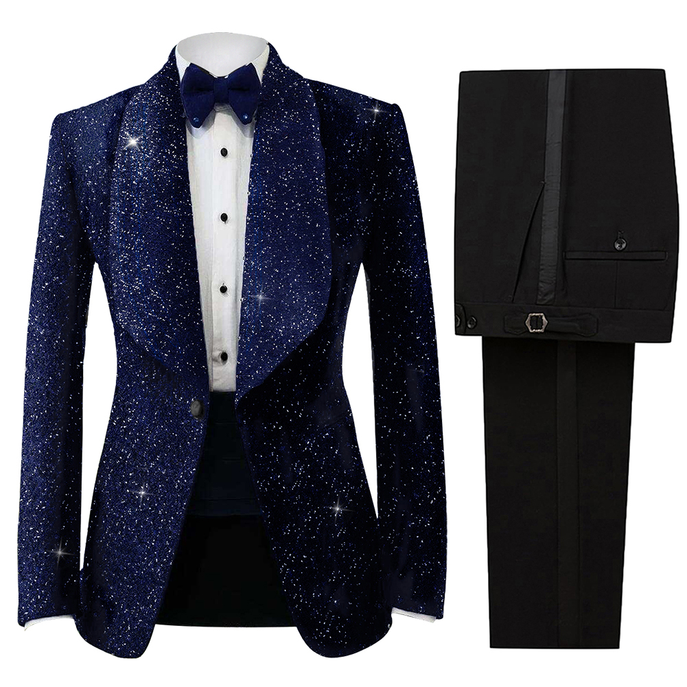 Bling Men Suits Sequins 2 Piece Set Jacket Pants Shawl Lapel Wedding Tuxedos One Button Fashion Groom Tuxedo suit Customized