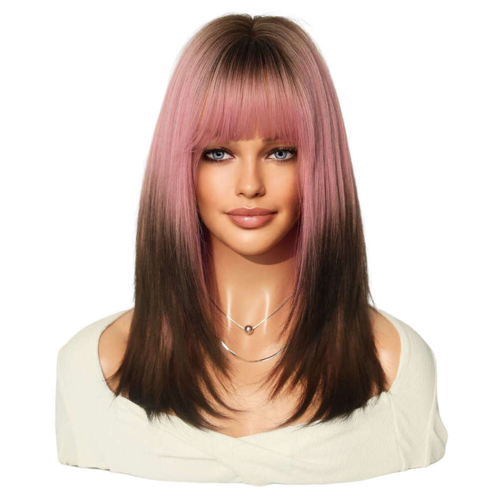 Attention To Ordering - Long Haired Siamese Cat Gradient Pink Brown Layered Wig Synthetic Medium Long Hair Cover Kq9 Kq9