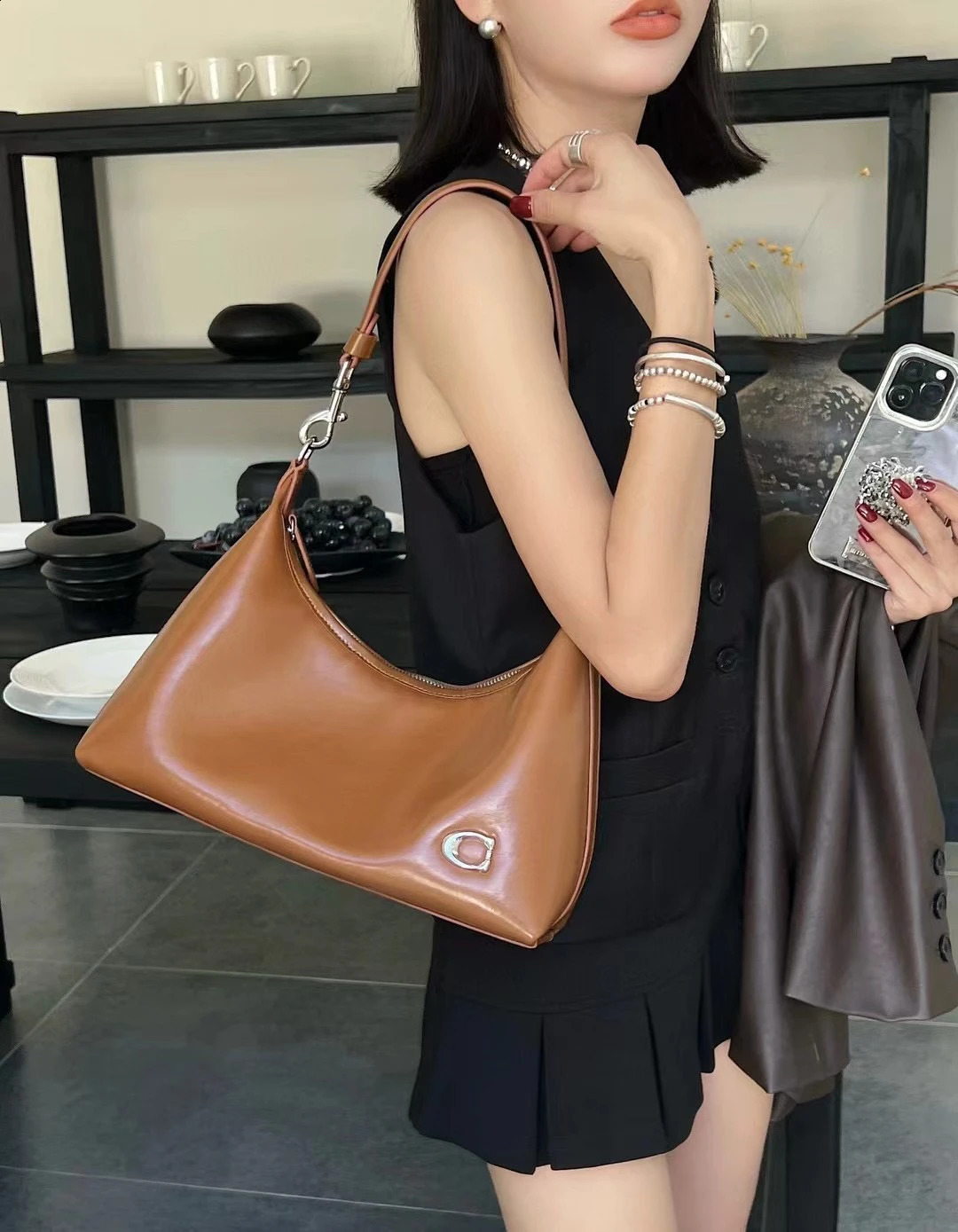 fully matched red glossy oil wax cowhide lower arm shoulder bag high-quality daily womens handbag silver 241213