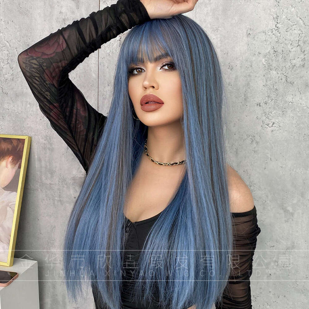 Female Long Straight Hair With Bangs, 61Cm Mermaid Blue Dyed Synthetic Full Head Set, Internet Famous Wig Kq9 Kq9