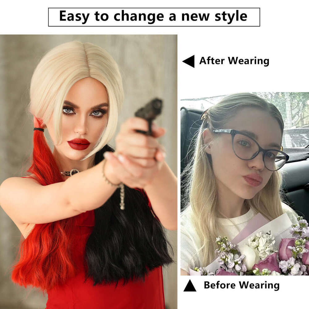 Halloween Cosplay Harley Quinn Red And Black Dyed Double Ponytail Long Curly Hair, High-Quality Street Dressing Costume Wig Kq9 Kq9
