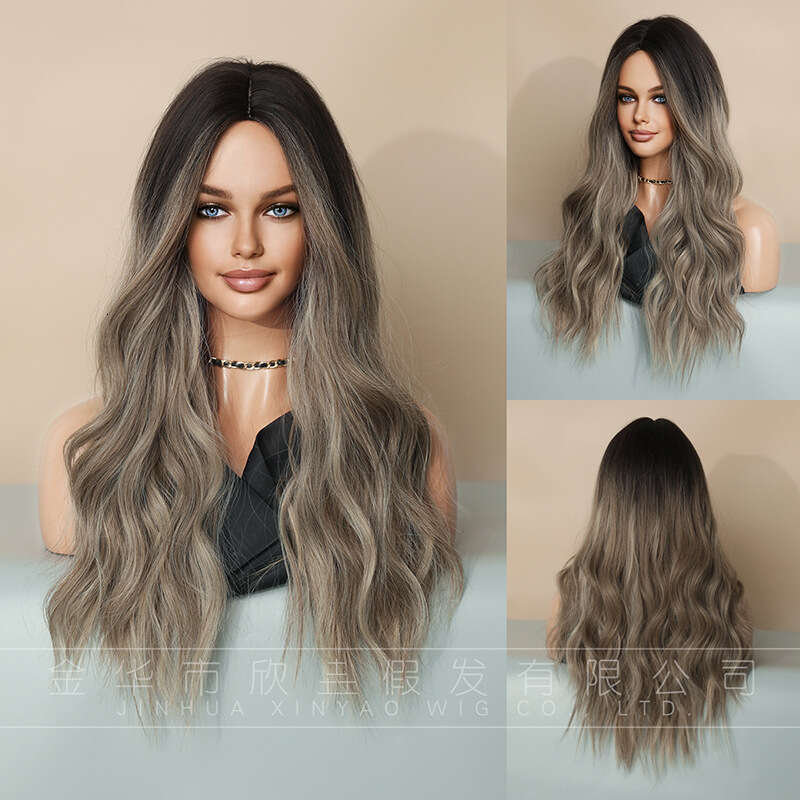 Wig For Women, Long Curly Hair, Wavy Wig, Gray Gold Mixed Color, Dyed Brown Synthetic Full Top Hair Cover Kq9 Kq9