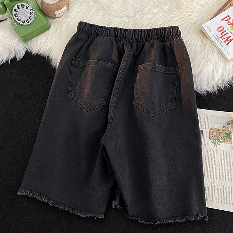 Mens fashion retro casual streetwear Y2K hole jeans shorts 2024 summer youth Harajuku pocket loose straight denim 241211