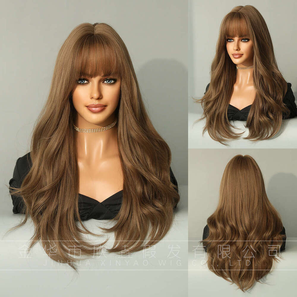 Ladies' Brown Wavy Wigs With Long Curly Hair, Air Bangs, Big Waves, Synthetic Wigs Kq9 Kq9