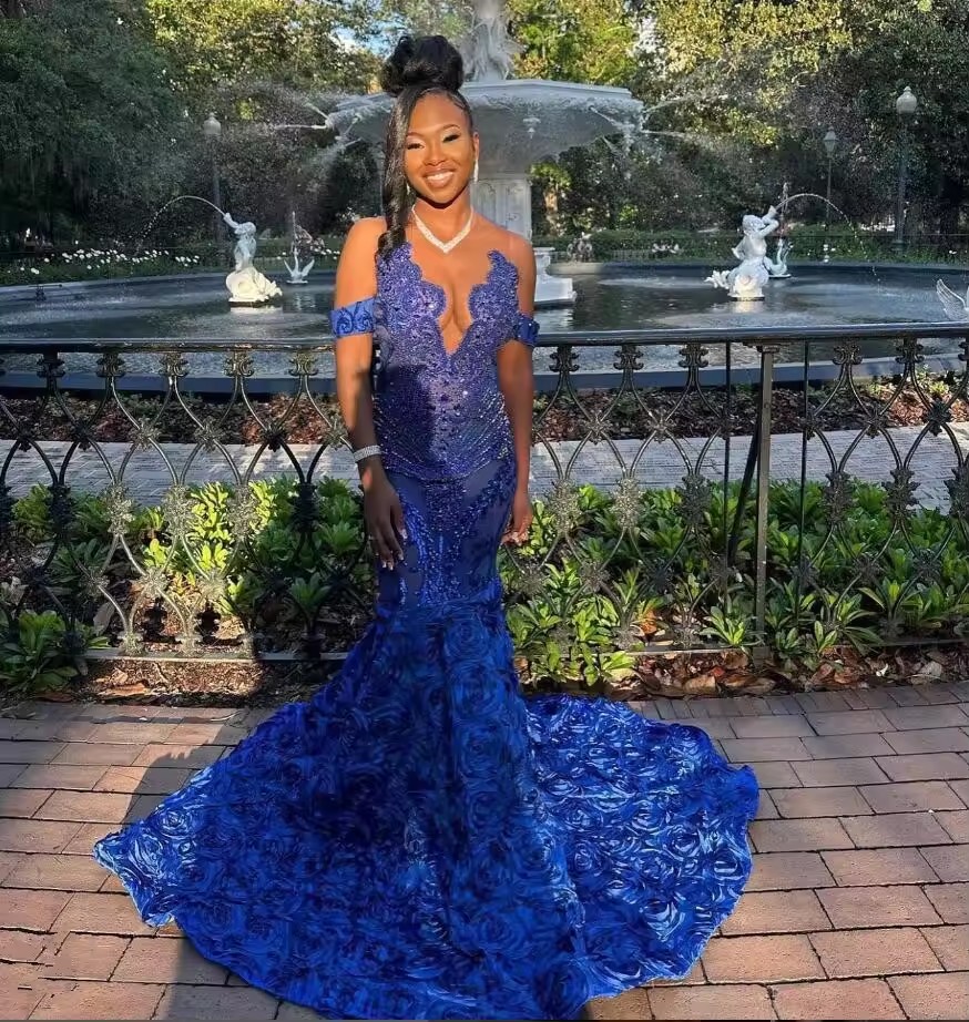 Royal Blue Sparkly African Prom Reception Dresses Dia Crystal 3D Rose Train Evening Birthday Gala Gown customsized