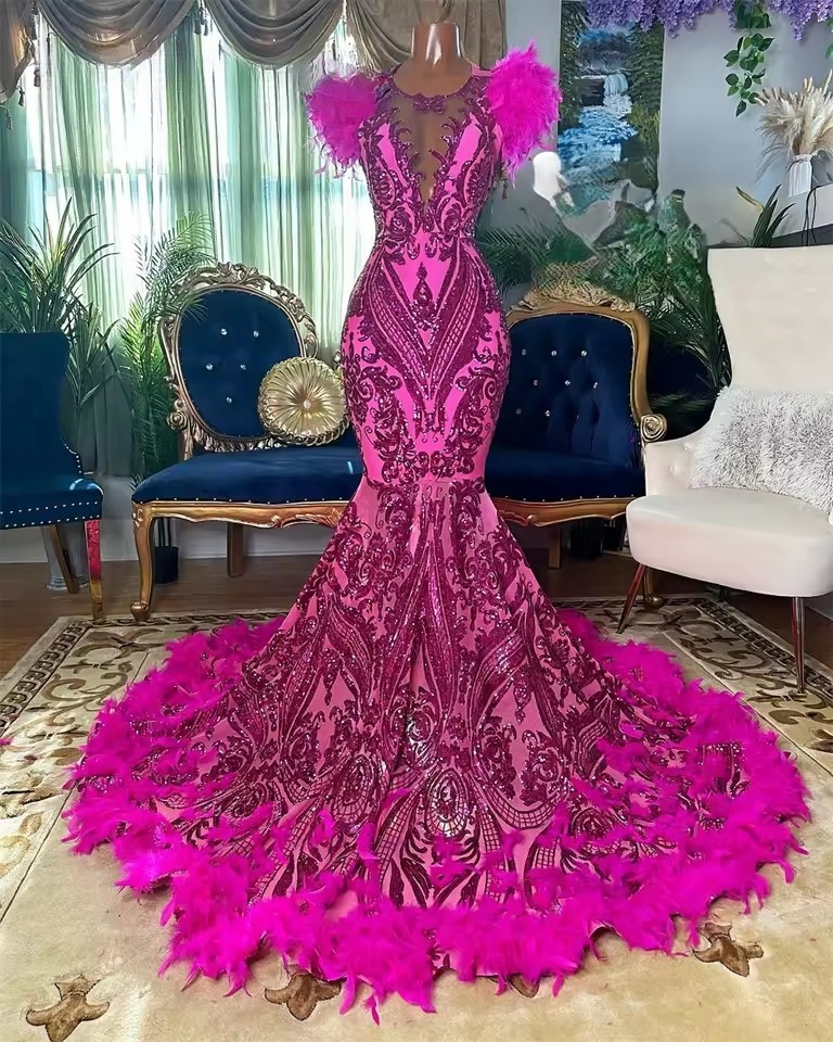 wery Hot Pink Sequined Lace Prom Dresses Black Girls 2025 Feathers Mermaid African Birthday Party Gowns Customized