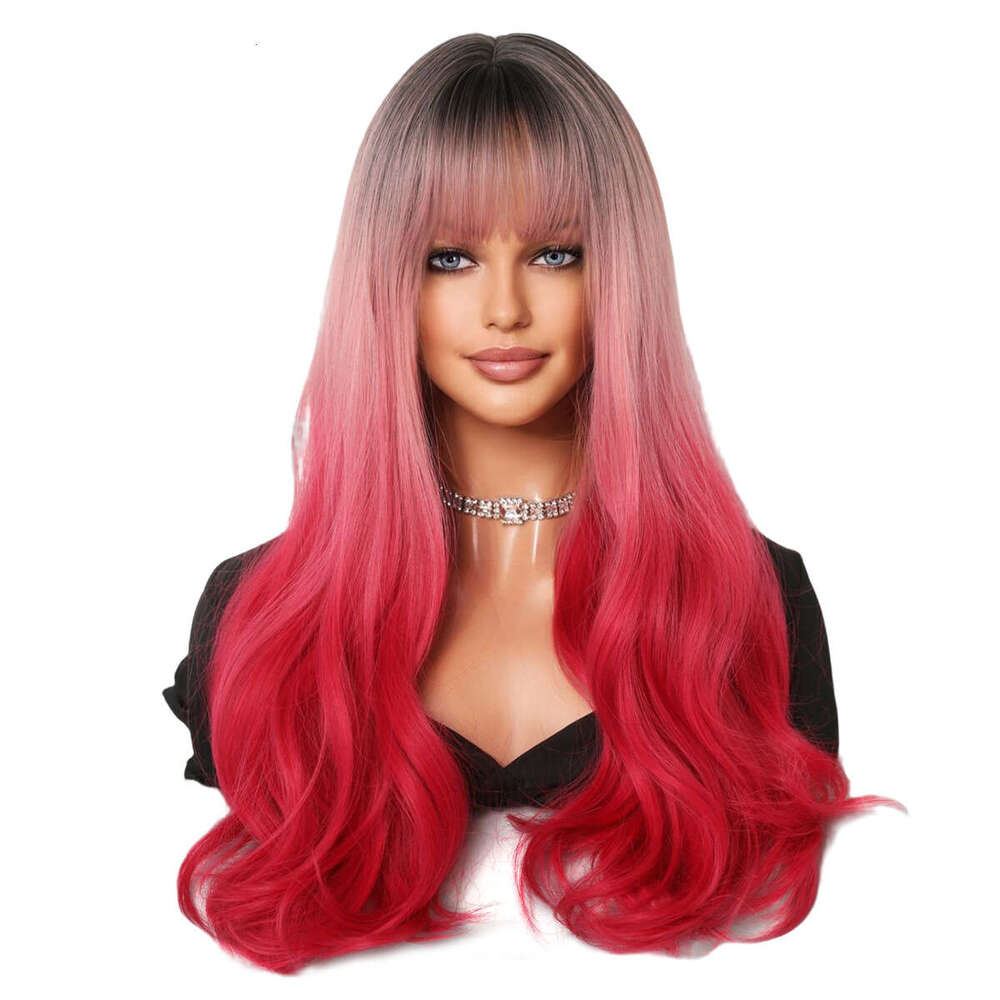 Wig, Pink Curly Hair Wig, Natural Full Head Cover, Human Fishmeal Bangs, Long Hair, Fashionable Wig Cover Kq9 Kq9