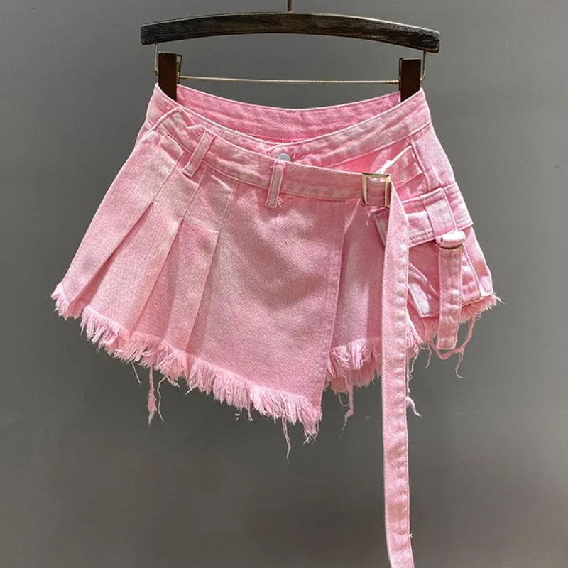 Irregular Pink Denim Skirt Women's Summer High Waist Slimming False Two-Piece A- Line Short Mini Skirt