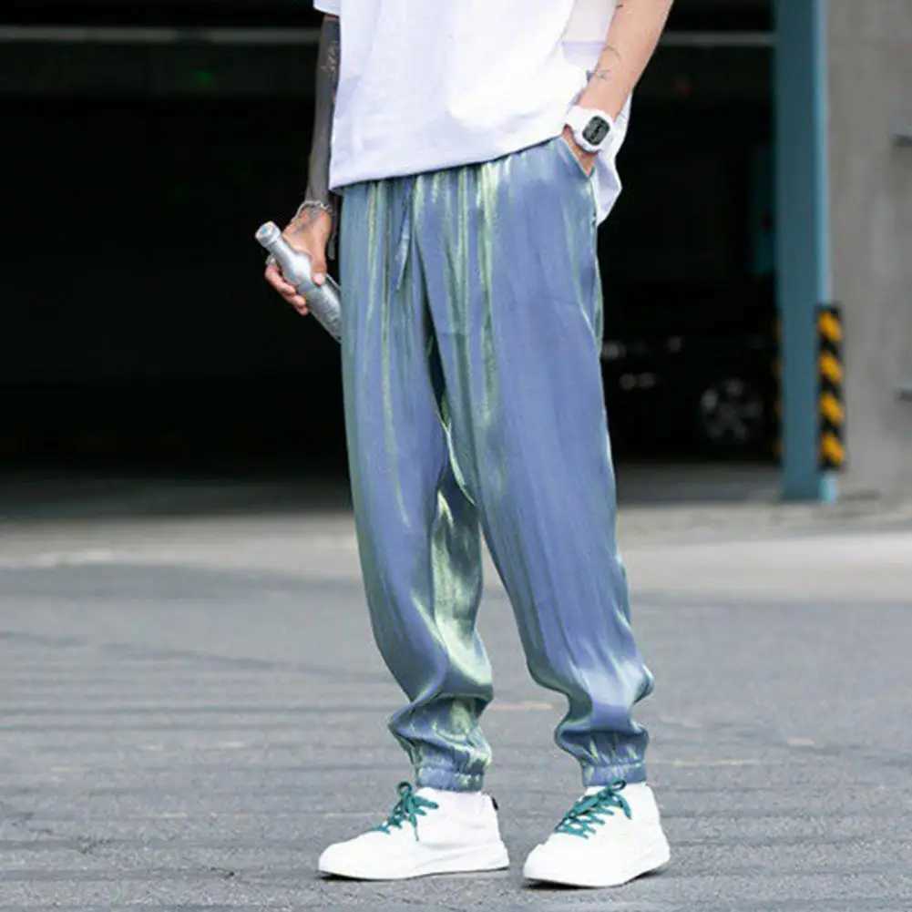 High Quality Ice Silk Men Sweatpants Hip Hop Bright Surface Colored Haren Pants Loose Trousers Spring Drawstring Elastic Waist Cargo Pants T241217