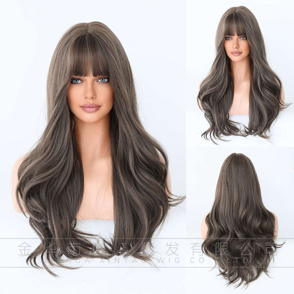 Female Long Hair Full Head Set With Brown Black Bangs, Large Waves, Natural Breathability, Fluffy Synthetic Wig Kq9 Kq9