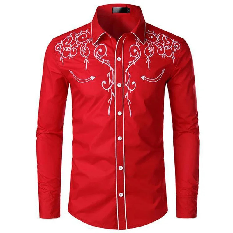 mens retro embroidered shirt Western denim long sleeved slim fit shirt Fashion casual button up party business shirt 241216