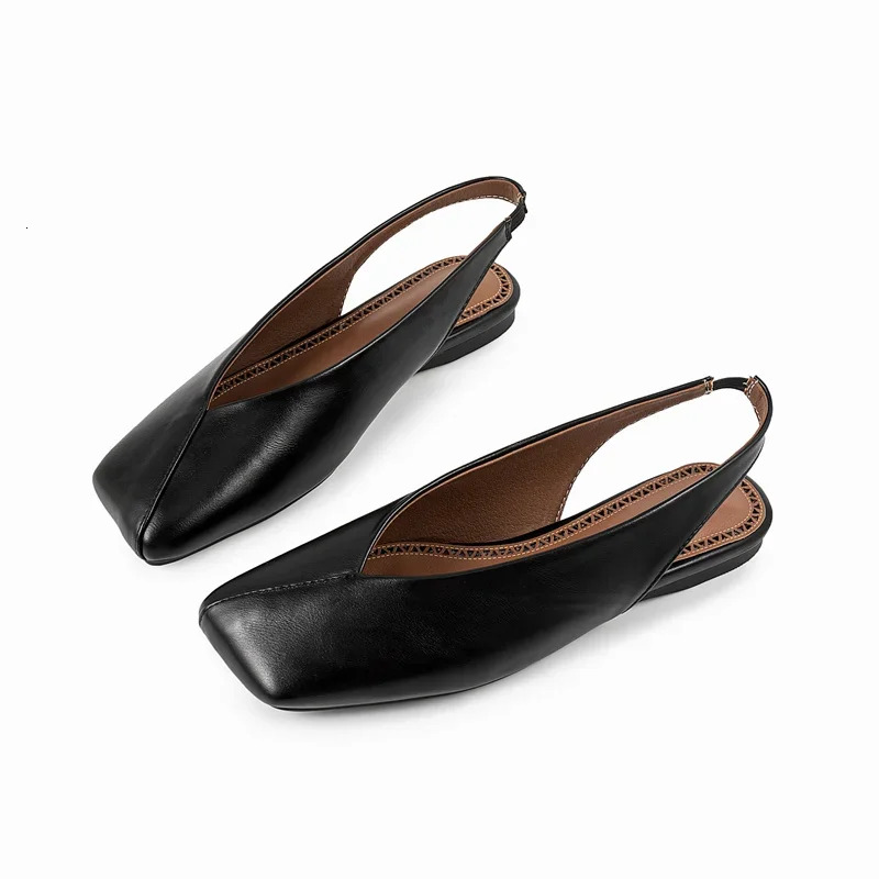 Women's Genuine Leather Square Toe Flat Sole Single European And American Dance Shoes, Fashion Shallow Mouth Sandals