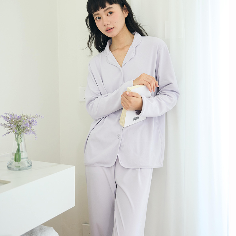 B535-House clothes women autumn and winter solid color suit loose button lapel long sleeve top casual trousers soft waxy outer wear pajamas
