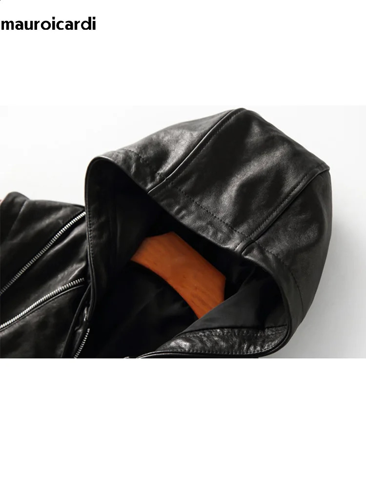 Mauroicardi Spring Autumn y Elegant Cool Black Pu Leather Vest for Men with Hood Zipper Sleeveless Jacket Clothing 241217