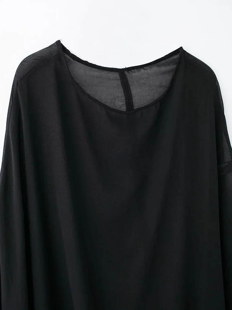 Willshela Women Fashion Black See Through Asymmetrical Cape Vintage O-Neck Female Chic Lady Tops 241216