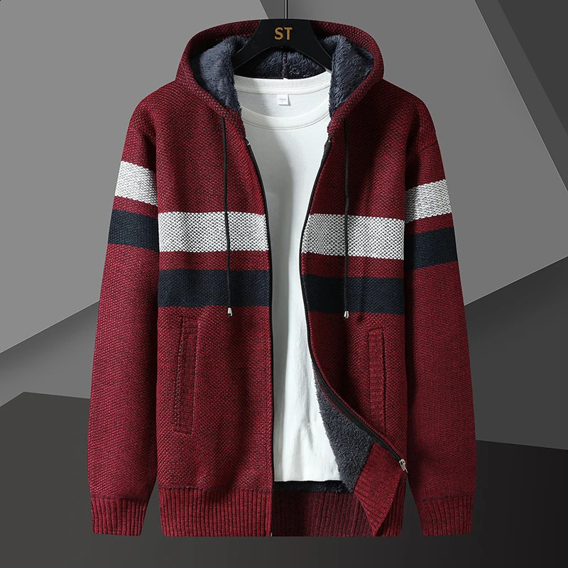 Winter Fleece Striped Cardigan Men Thick Warm Knitted Hooded Sweatercoat Mens Long Sleeve Casual Knitting Sweater Jacket Coats 241217