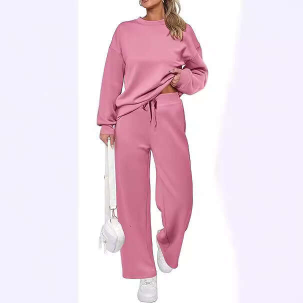 European American Knitted Women's Two-Piece Long Sleeved Top And Casual Wide Leg Pocket Pants Set