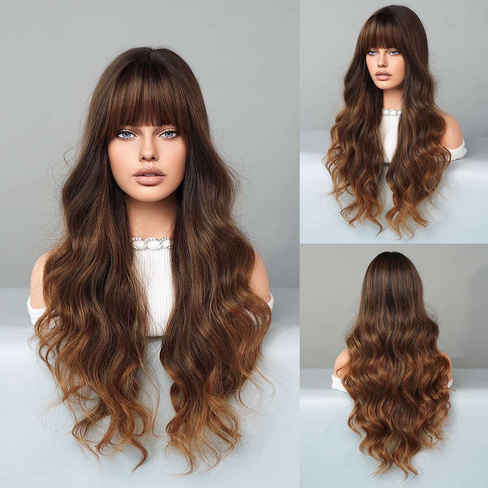 Female Natural Black Long Curly Hair With Big Waves And Bangs, Full Head Set, Synthetic Wig Kq9 Kq9