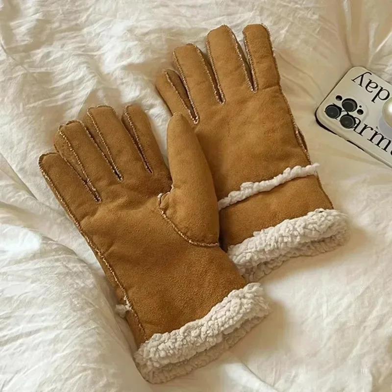 Lambs Wool Split-finger Gloves Winter Padded Thickened Suede Men Women Couple faux Fur One Outdoor Riding Windproof Gloves 241216
