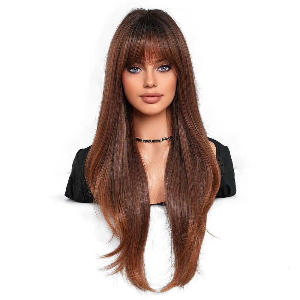 Ladies' Bangs Brown Gold Gradient Fashion Layer Long Hair Natural Daily Full Head Set Synthetic Wig Kq9 Kq9