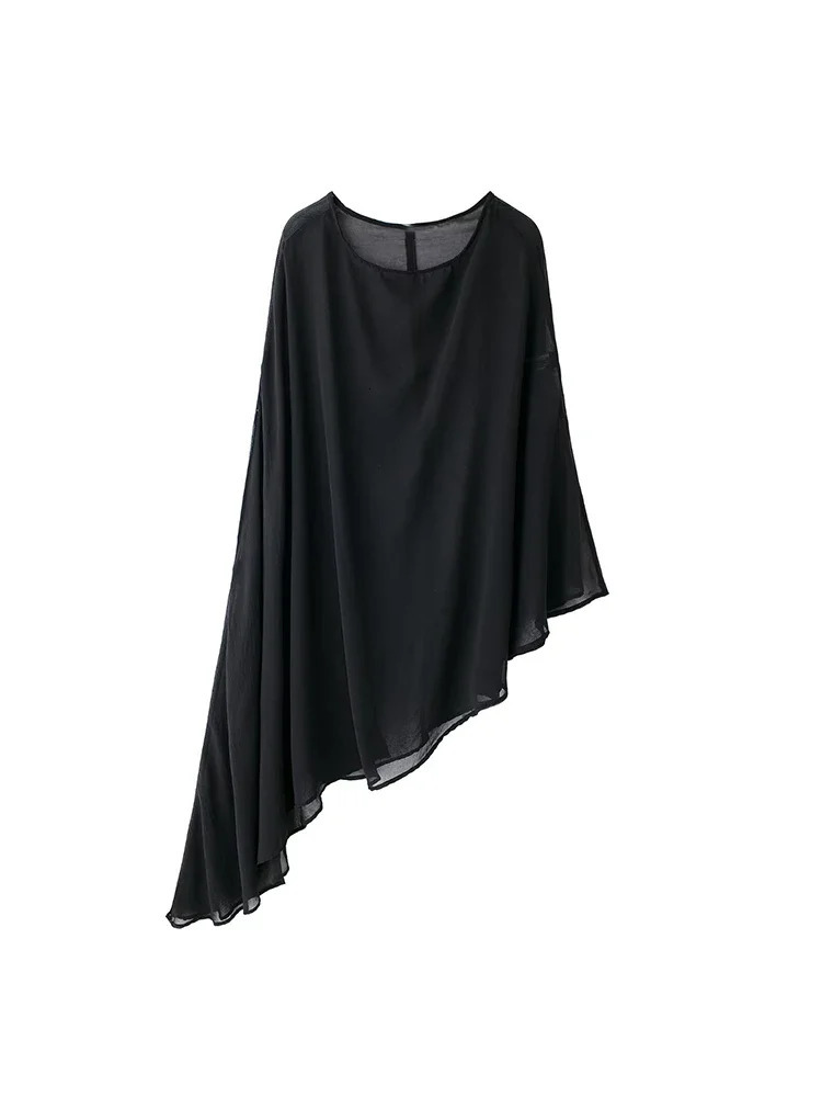 Willshela Women Fashion Black See Through Asymmetrical Cape Vintage O-Neck Female Chic Lady Tops 241216