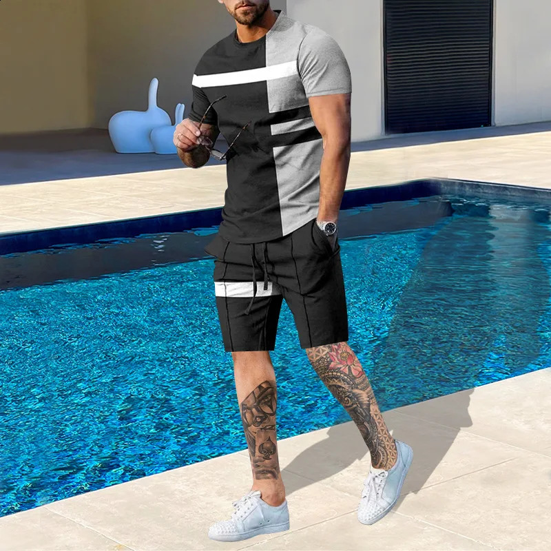 Summer fashion mens casual beach shorts set 3D printed striped short sleeved T-shirt round neck 2-piece set for mens wear 241217