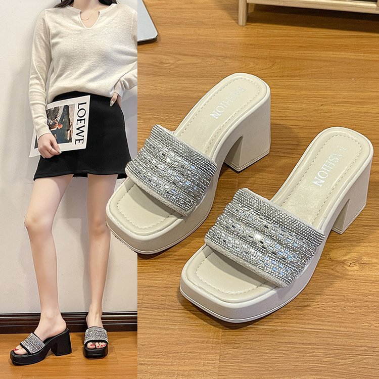 Women Slippers High Heel Sandals New Fashion Korean Version Diamond Gentle Style Increase Height Triple Black Beige Free shipping