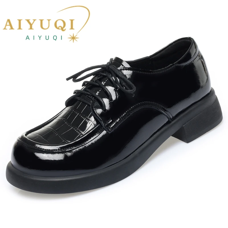 AIYUQI Women Loafers Non-slip Genuine Leather Thick Heel Casual Women Shoes Round Toe British Lace-up Shoes for Ladies