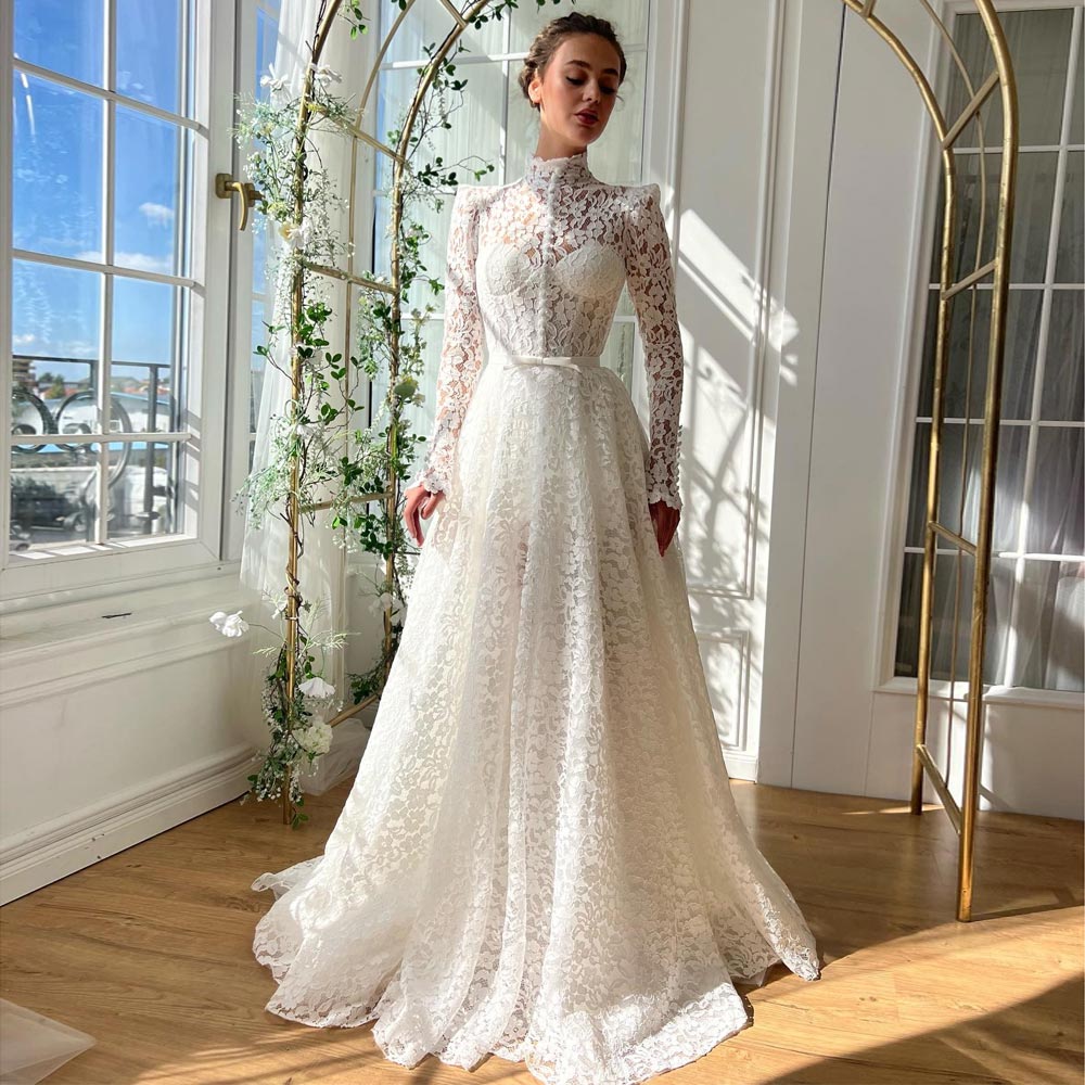 Lace Stylish Wedding Dresses With Long Sleeves Bridal Gowns A E High Necke Or Length Vestido De Novia