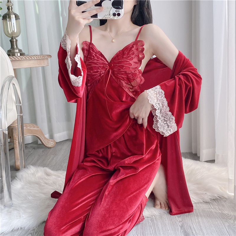B582-Comfortable home clothes butterfly gold velvet pajamas female sexy with chest pad gold velvet sling nightdress robe three-piece set
